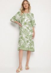 Zielona Sukienka o Pudełkowym Kroju z Wiązaniem przy Dekolcie w Roślinny Wzór Mirionela. Zielone sukienki Born2be, na imprezę, l, bez wzorów, bez kołnierzyka, bez ramiączek, midi. Za 69.99 zł.