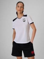 4F Koszulka piłkarska regular szybkoschnąca damska - biała L. Białe koszulki sportowe 4f, bez wzorów, z materiału, bez ramiączek, na fitness i siłownię. Za 119.99 zł.