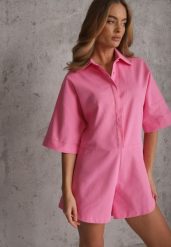 Różowy Krótki Kombinezon Bawełniany w Stylu Casual Arethanise. Czerwone sukienki Renee, na co dzień, na lato, l, bez wzorów, z bawełny, casualowe, bez kołnierzyka, bez ramiączek, mini, oversize. Za 199.99 zł.