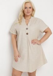 Beżowa Sukienka z Lnem Pudełkowa z Krótkim Rękawem i Guzikami Effienu. Brązowe sukienki Born2be, na spotkanie biznesowe, xl, bez wzorów, z materiału, eleganckie, bez kołnierzyka, bez ramiączek, mini. Za 79.99 zł.