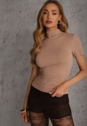 Beżowy Wiskozowy T-shirt o Dopasowanym Kroju z Golfem Isomina. Brązowe golfy Renee, m, bez wzorów, z materiału, bez ramiączek. Za 69.99 zł.