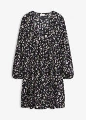 Sukienka tunikowa z dżerseju. Czarne sukienki bonprix, na lato, bez wzorów, z dżerseju, bez kołnierzyka, bez ramiączek, rozkloszowane. Za 112.99 zł.