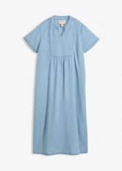 Sukienka jeansowa. Niebieskie sukienki bonprix, bez wzorów, z jeansu, eleganckie, bez kołnierzyka, bez ramiączek. Za 132.99 zł.