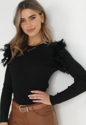 Czarny Sweter z Piórami i Koralikami Feco. Czarne swetry Born2be, bez wzorów, z dzianiny, bez ramiączek. Za 119.99 zł.