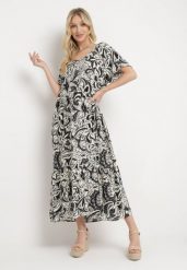 Szaro-Biała Wiskozowa Sukienka z Krótkim Rękawem i Falbanką Cindabella. Szare sukienki Born2be, na co dzień, na lato, xl, bez wzorów, z wiskozy, eleganckie, bez kołnierzyka, bez ramiączek, midi, proste. Za 64.99 zł.