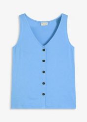 Top z plisą guzikową. Czarne topy bonprix, bez wzorów, bez kołnierzyka, bez ramiączek. Za 64.99 zł.