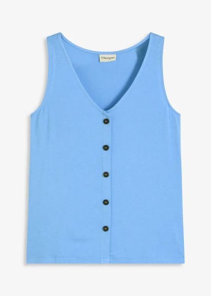 Top z plisą guzikową. Czarne topy bonprix, bez wzorów, bez kołnierzyka, bez ramiączek. Za 64.99 zł.