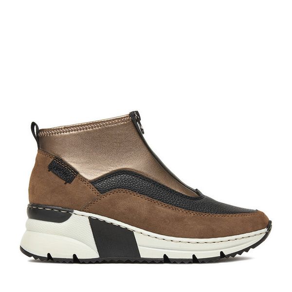 Botki Rieker. Brązowe botki Rieker, bez wzorów, bez obcasa, na koturnie, bez zapięcia. Za 329.99 zł.