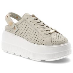 Klapki damskie S.Barski, ze skóry naturalnej licowej ażurowa cholewka platforma sznurowane styl casual, beżowe, LR61-7088. Brązowe klapki S.BARSKI, w ażurowe wzory, ze skóry, bez obcasa, na platformie. Za 229.00 zł.