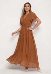 Brązowa Kopertowa Sukienka Maxi z Gumką w Pasie Narlin. Brązowe sukienki Born2be, na studniówkę, s, bez wzorów, klasyczne, bez kołnierzyka, bez ramiączek, maxi, kopertowe. Za 129.99 zł.