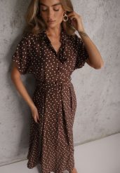 Brązowa Wiskozowa Sukienka w Kropeczki o Koszulowym Kroju z Wiązanym Paskiem Jynyra. Brązowe sukienki Renee, na lato, l, bez wzorów, z wiskozy, eleganckie, bez kołnierzyka, bez ramiączek, maxi, koszulowe. Za 149.99 zł.