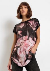 T-shirt z nadrukiem, z miękkiej mieszanki wiskozy. Czarne t-shirty bonprix, bez wzorów, z wiskozy, bez kołnierzyka, bez ramiączek. Za 79.99 zł.