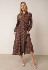 Brązowa Wiskozowa Sukienka Casual w Grochy z Podkreśleniem Talii Paskiem i Kieszonkami Monousa. Brązowe sukienki Born2be, do pracy, l, z aplikacjami, z materiału, biznesowe, bez kołnierzyka, bez ramiączek, maxi, dopasowane. Za 159.99 zł.