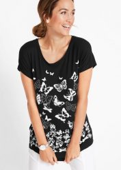 T-shirt z nadrukiem. Czarne t-shirty bonprix, bez wzorów, bez kołnierzyka, bez ramiączek. Za 59.99 zł.