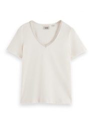 Scotch & Soda Koszulka w kolorze kremowym rozmiar: XL. Brązowe bluzki Scotch & Soda, xl, z aplikacjami, z bawełny, bez kołnierzyka, bez ramiączek. Za 66.00 zł.