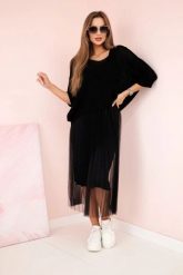 Sukienka plisowana z ażurowym sweterkiem czarna. Czarne sukienki KESI, na co dzień, l, w ażurowe wzory, z elastanu, eleganckie, bez kołnierzyka, plus size, bez ramiączek. Za 330.40 zł.