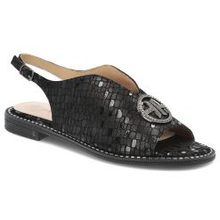 Sandały damskie S. Barski, ze skóry naturalnej we wzorki z ozdobą na płaskim obcasie, czarne, KV51-094. Czarne sandały S.BARSKI, z aplikacjami, ze skóry, eleganckie, bez obcasa, na płaskiej podeszwie, bez zapięcia. Za 149.00 zł.