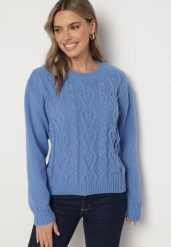 Niebieski Sweter z Wełną Ściągaczem i Tłoczeniem Riavonnae. Niebieskie swetry Born2be, bez wzorów, z jeansu, bez ramiączek. Za 79.99 zł.