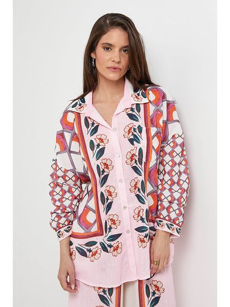 Rodier Lin Lniana koszula w kolorze jasnoróżowo-białym rozmiar: S/M. Białe koszule Rodier Lin, m, bez wzorów, ze lnu, bez kołnierzyka, bez ramiączek. Za 118.84 zł.