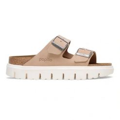 BIRKENSTOCK Arizona Chunky LEVE Warm Sand Klapki damskie. Brązowe klapki Birkenstock, bez wzorów, z materiału, bez obcasa, na platformie. Za 499.99 zł.