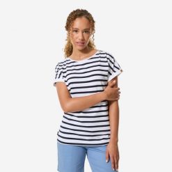 Koszulka marynarska żeglarska damska Decathlon Sailing 100 krótki rękaw. Białe bluzki TRIBORD, s, bez wzorów, z bawełny, sportowe, bez kołnierzyka, bez ramiączek. Za 69.99 zł.