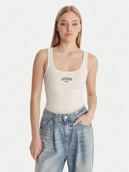 Guess Jeans Top W6RP20 KA0H1 Écru Slim Fit. Topy Guess Jeans, xl, z aplikacjami, z bawełny, bez kołnierzyka, bez ramiączek. Za 129.99 zł.
