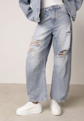 Niebieskie Jeansy z Bawełny z Wiskozą o Kroju Ballloon z Wysokim Stanem i Dziurami Mon. Niebieskie jeansy Born2be, l, bez wzorów, z podwyższonym stanem. Za 109.99 zł.