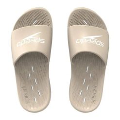 Klapki basenowe antypoślizgowe damskie Speedo Slides. Brązowe klapki Speedo, bez wzorów, z materiału, bez obcasa. Za 97.99 zł.