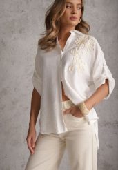 Biała Nietoperzowa Koszula z Wiskozy z Podpinanymi Rękawami i Haftem Adreaneh. Białe koszule Renee, l, bez wzorów, z materiału, casualowe, bez kołnierzyka, plus size, bez ramiączek. Za 69.99 zł.