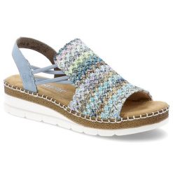 Sandały damskie Rieker, na stabilnej platformie wsuwane z cholewką boho wygodne, kolorowe, V1241-91-Multi. Sandały Rieker, bez wzorów, boho, bez obcasa, na koturnie, bez zapięcia. Za 219.00 zł.