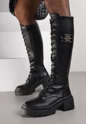 Czarne Kozaki Vicesu w Stylu Grunge ze Sznurowaną Cholewką i Platformą Laurotte. Czarne kozaki Renee, z jeansu, bez obcasa, na platformie, bez zapięcia. Za 189.99 zł.