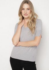 Szara Sweterkowa Bluzka z Dekoltem w Serek Fenidea. Szare bluzki Born2be, l, bez wzorów, z jeansu, eleganckie, bez kołnierzyka, bez ramiączek. Za 49.99 zł.