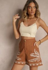 Brązowe Szorty High Waist z Bawełny Zdobione Haftem Filianira. Brązowe szorty Renee, z aplikacjami, z bawełny, eleganckie, z podwyższonym stanem. Za 59.99 zł.