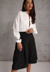 Czarne Szerokie Szorty Eleganckie Bermudy High Waist z Zaszewkami w Talii Choniala. Czarne szorty Renee, bez wzorów, biznesowe, z podwyższonym stanem. Za 119.99 zł.