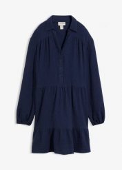 Krótka muślinowa sukienka z falban. Żółte sukienki bonprix, bez wzorów, bez kołnierzyka, bez ramiączek, mini. Za 47.99 zł.