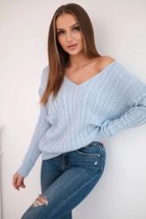 Sweter pleciony z dekoltem V błękitny. Niebieskie swetry KESI, l, bez wzorów, z wełny, bez ramiączek. Za 158.92 zł.