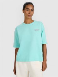 4F T-shirt oversize z nadrukiem damski - turkusowy S. Niebieskie t-shirty 4f, s, bez wzorów, z bawełny, bez kołnierzyka, bez ramiączek. W wyprzedaży za 29.99 zł.