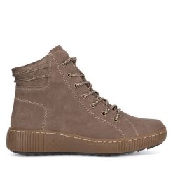 Botki Rieker. Brązowe botki Rieker, bez wzorów, bez obcasa, na płaskiej podeszwie, bez zapięcia. Za 251.99 zł.