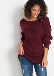 Sweter z grubej dzianiny. Czerwone swetry bonprix, bez wzorów, z dzianiny, bez ramiączek. Za 124.99 zł.