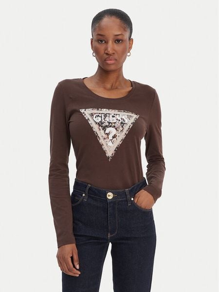 Guess Bluzka W6RI33 J1314 Brązowy Regular Fit. Brązowe bluzki Guess, m, z aplikacjami, z bawełny, bez kołnierzyka, bez ramiączek. Za 229.99 zł.
