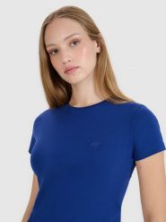 4F T-shirt slim gładki damski - granatowy XXL. Niebieskie t-shirty 4f, xs, bez wzorów, z bawełny, bez kołnierzyka, bez ramiączek. W wyprzedaży za 29.99 zł.