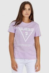 GUESS Fioletowy t-shirt damski z białym logo, Rozmiar S. Fioletowe t-shirty Guess, s, z aplikacjami, bez kołnierzyka, bez ramiączek. W wyprzedaży za 119.99 zł.