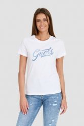 GUESS Biały damski T-shirt bawełniany STONES&EMBRO TEE, Rozmiar S. Białe t-shirty Guess, s, z aplikacjami, z bawełny, bez kołnierzyka, bez ramiączek. W wyprzedaży za 179.99 zł.