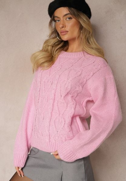 Różowy Sweter z Wełną Ozdobnym Splotem i Ściągaczem Nariae. Czerwone swetry Renee, uniwersalny, bez wzorów, z jeansu, bez ramiączek. Za 54.99 zł.