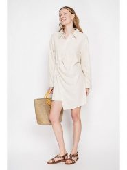 ASSUILI Lniana sukienka w kolorze kremowym rozmiar: 38. Brązowe sukienki Assuili, na co dzień, bez wzorów, ze lnu, bez kołnierzyka, bez ramiączek, mini, proste. Za 130.99 zł.