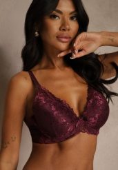 Bordowy Koronkowy Biustonosz w Klasycznym Stylu Coralee. Czerwone biustonosze Renee, z aplikacjami, z koronki. Za 29.99 zł.