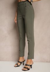 Ciemnozielone Spodnie z Wiskozą High Waist z Ozdobnymi Guzikami Redillia. Zielone spodnie materiałowe Renee, na co dzień, l, bez wzorów, z jeansu, z podwyższonym stanem. Za 59.99 zł.