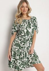 Zielona Bawełniana Sukienka w Ornamentalne Rośliny z Wiązaniem Przy Rękawach Tosvena. Zielone sukienki Born2be, na co dzień, l, bez wzorów, z bawełny, eleganckie, bez kołnierzyka, bez ramiączek, midi. Za 49.99 zł.