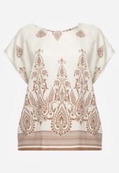 Beżowa Wiskozowa Bluzka z Etnicznym Wzorem Melloshell. Brązowe bluzki Born2be, l, bez wzorów, z wiskozy, eleganckie, bez kołnierzyka, bez ramiączek. Za 49.99 zł.