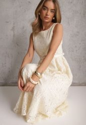 Beżowa Koktajlowa Sukienka z Koronki z Bawełną i Wiskozą Ozdobiona Paskiem Chaleite. Brązowe sukienki Renee, m, bez wzorów, z bawełny, eleganckie, bez kołnierzyka, bez ramiączek, maxi. Za 259.99 zł.